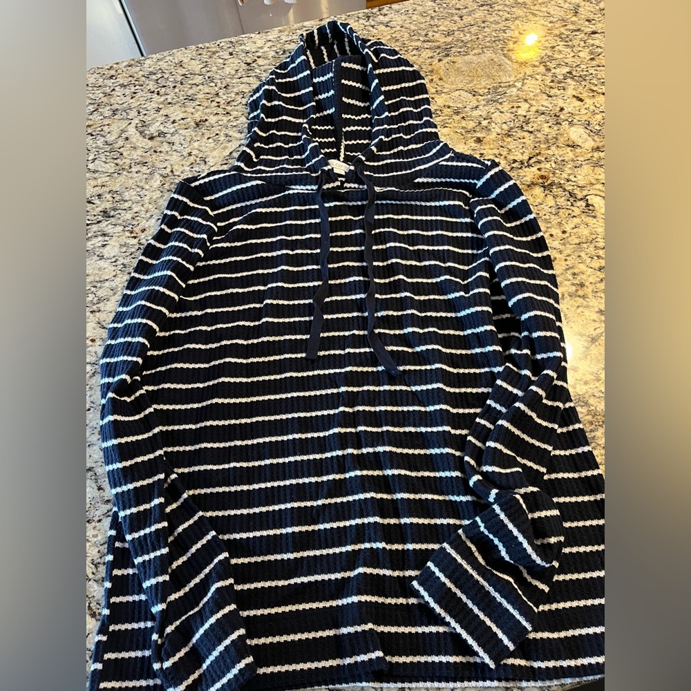 LOFT Women's Navy and White Striped Hoodie